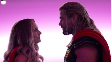 Chris Hemsworth as Thor with Natalie Portman as Dr Jane Foster in Thor: Love and Thunder.