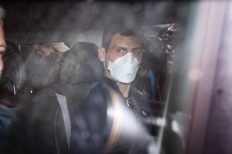 Deported: Novak Djokovic leaving Melbourne’s Park Hotel immigration detention on Sunday. 
