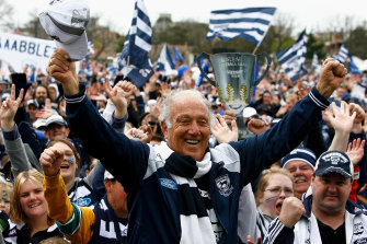 Costa celebrates with fans after the Cats’ grand final win in 2009.