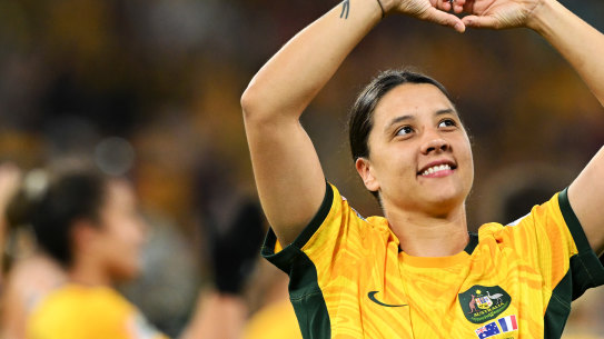Sam Kerr sends some love to the crowd after Australia’s win.