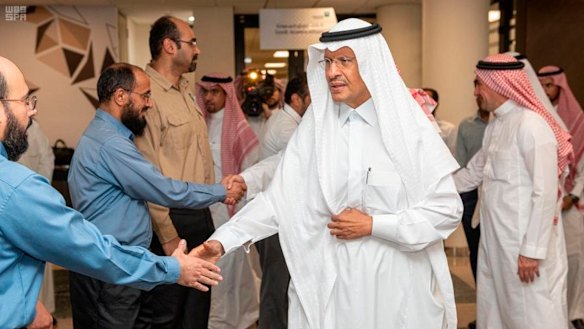 Saudi Energy Minister Prince Abdulaziz bin Salman during visit to Aramco's Abqaiq facility after the attack. Security analysts have worried about the Abqaiq processing centre for years.