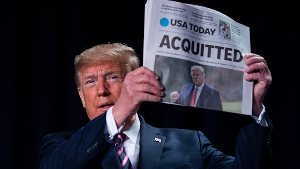 Donald Trump following his acquittal in the Senate after his first impeachment trial.