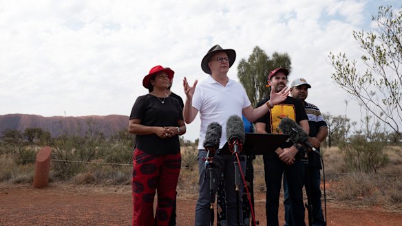Prime Minister Anthony Albanese speaks to media during the ceremony marking the 40th anniversary of the handback of Uluru.