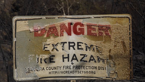 A fire hazard sign melted by the Woolsey Fire in Malibu.