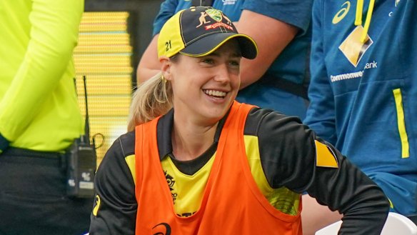 Support role: Injured Australian allrounder Ellyse Perry watched on as her side dominated.