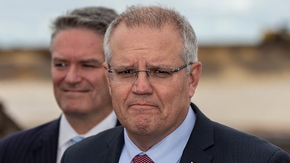 Prime Minister Scott Morrison (right) with Minister for Finance Mathias Cormann in WA this week. 