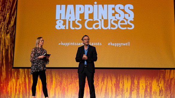 The writer onstage with Dr Michael Mosley.