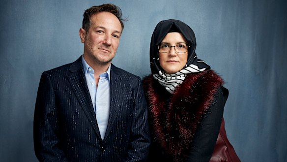 Director Bryan Fogel, left, with Khashoggi’s fiancee Hatice Cengiz at the Sundance Film Festival in Utah last year.