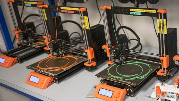 3D printers make head straps for protective face shields at Maker Nexus in Sunnyvale, California, US.