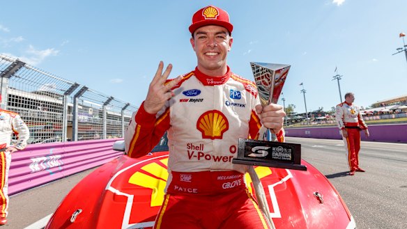 DJR Team Penske's Scott McLaughlin celebrates his record achievement on Sunday. 