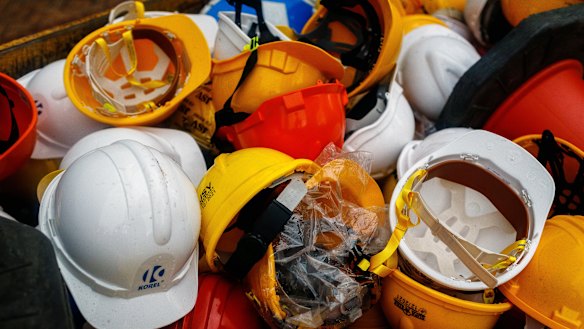 Construction helmets that protesters organised to protect themselves.