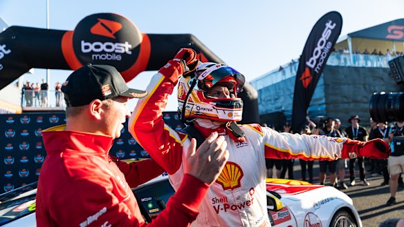 Brodie Kostecki celebrates after winning pole position at Bathurst on Saturday.