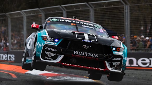 Chaz Mostert’s Ford Mustang on the way to his win on the Gold Coast.