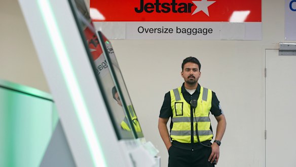 A security guard at Avalon Airport on Friday.
