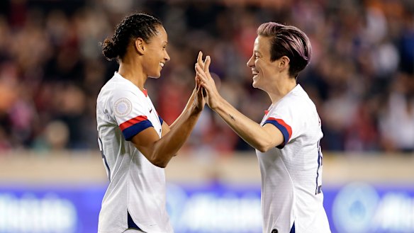 Lynn Williams celebrates a goal last month against Panama with US international star Megan Rapinoe.