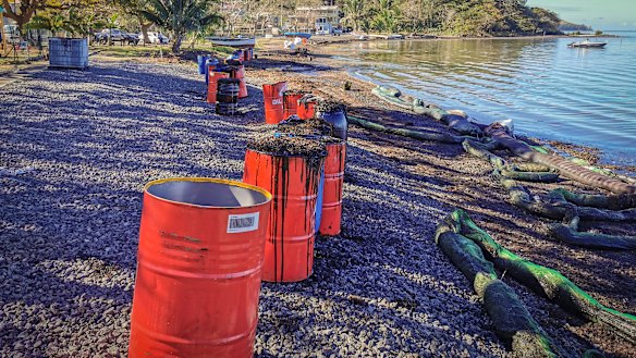 Drums filled with fuel oil waste and algae sit behind foam-filled oil containment booms on shore at Bois des Amourettes, Mauritius.