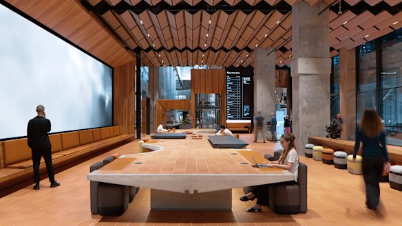 Wardle Architects’ overhaul of ISPT’s 477 Pitt Street tower includes a community table.