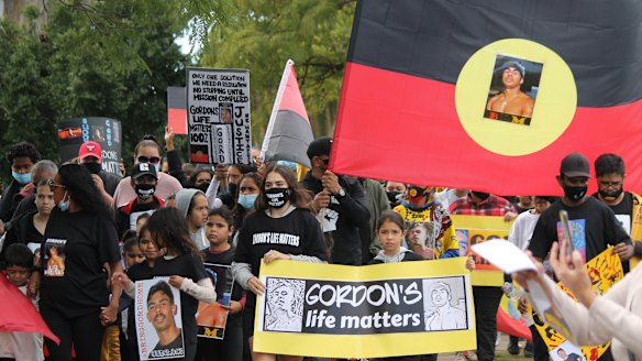 People in Moree marching against NSW Police last month, calling for the search for Mr Copeland to be ramped up.