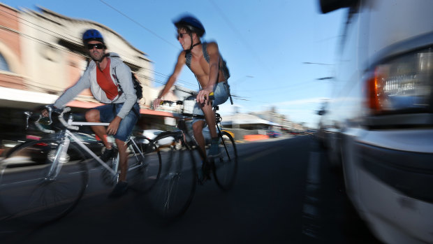Cyclists in Sydney Road, Brunswick.