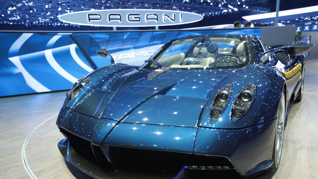 A Pagani Automobili SpA Huayra Roadster luxury 87th Geneva International Motor Show in Geneva, Switzerland.
