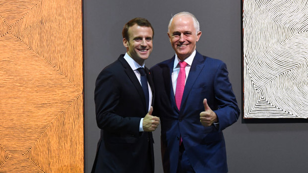 French President Emmanuel Macron and Australian Prime Minister Malcolm Turnbull at Carriageworks, Sydney, on Thursday. 