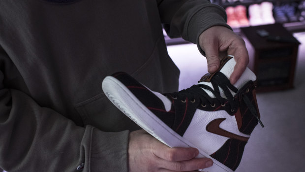 A customized sneaker made from the jerseys of the Chicago Bulls, part of Josh Luber’s shoe collection