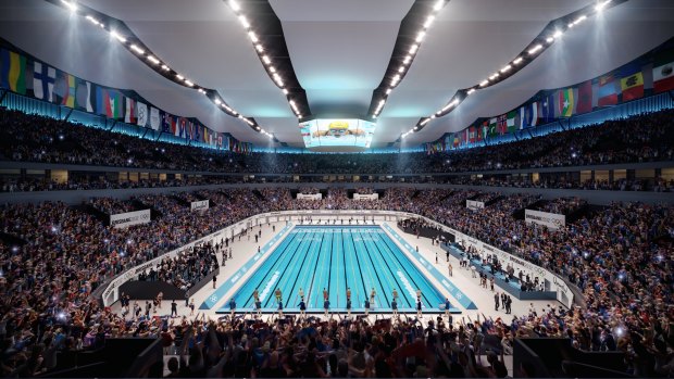 The Live Nation/Oak View Group/Plenary consortium’s design for Brisbane Arena in Olympic swimming mode.