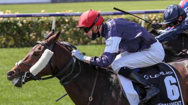 Twilight Payment ridden by Jye McNeil wins the Lexus Melbourne Cup at Flemington.