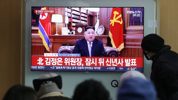 Kim Jong-un's New Year address, as seen at a railway station in Seoul, South Korea.