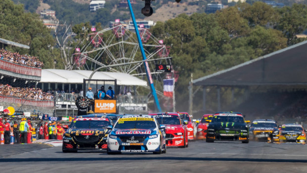 Off and racing: Holden's Jamie Whicup nailed a fast start to lead the pack around the first turn.