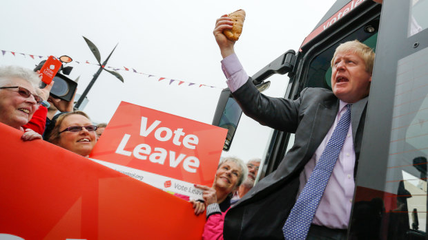All aboard: then MP Boris Johnson campaigning for Brexit in a bus tour in 2016. 