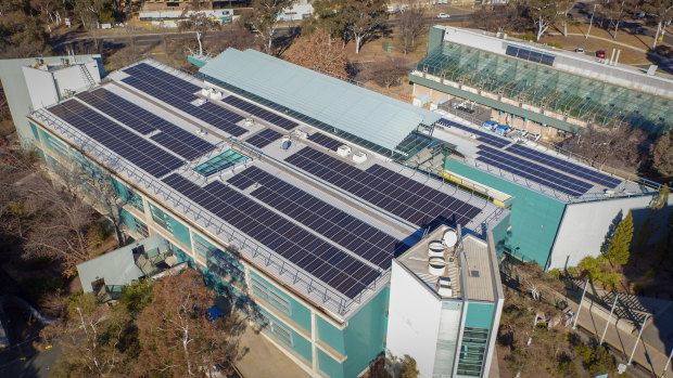 Solar panels on the roof of the CSIRO Discovery Building at Black Mountain, after the first phase of installation earlier in 2018. 