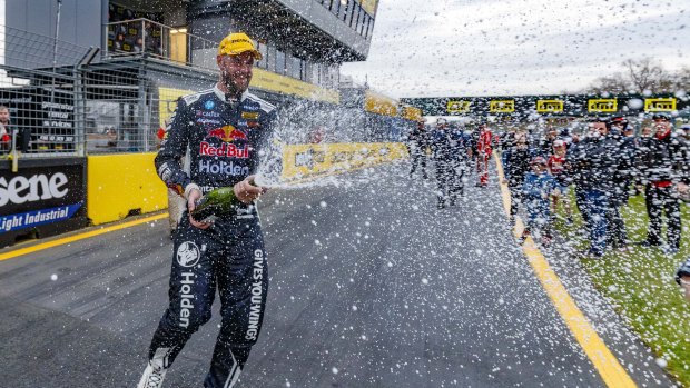 Just the start: Shane van Gisbergen of Red Bull Holden Racing celebrates victory at the Auckland SuperSprint Supercars Championship at Pukekohe Park.