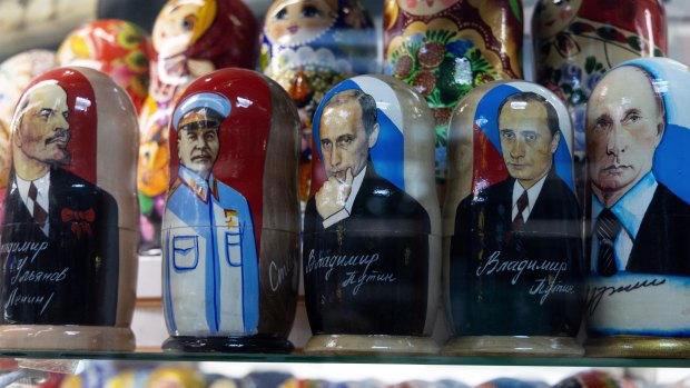 Putin-themed Russian matryoshka dolls along with Vladimir Lenin and Joseph Stalin in Vladivostok.