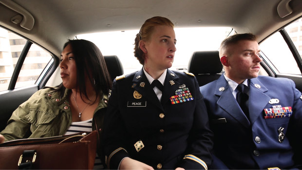 In <i>TransMilitary</i>: from left Corporal Laila Villanueva, Captain Jennifer Peace, and Senior Airman Logan Ireland.