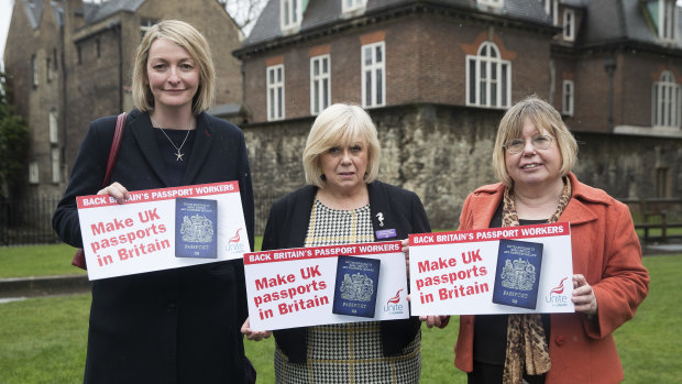Labour MPs Jessica Morden, Mary Glindon and Liz Twist  protest at the decision to award the passport contract to an overseas company.
