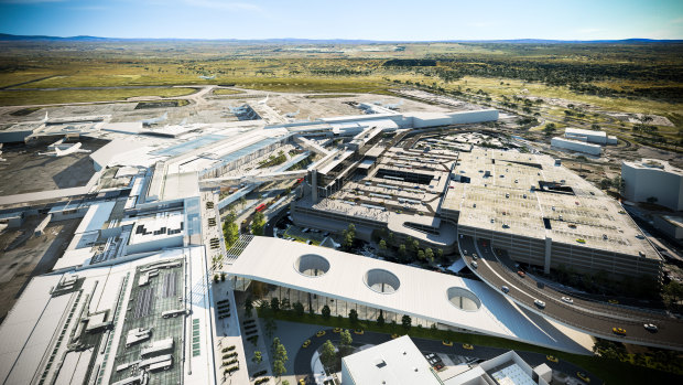 An artist's impression of how Melbourne Airport will look in the future, with the proposed rail station indicated at the bottom of the drawing.