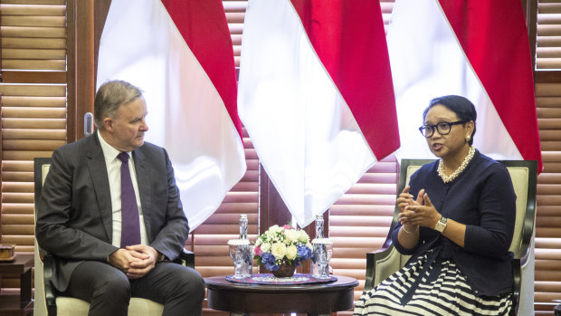 Labor leader Anthony Albanese meets Indonesian Foreign Minister Retno Marsudi at the Indonesian foreign ministry office in Jakarta.