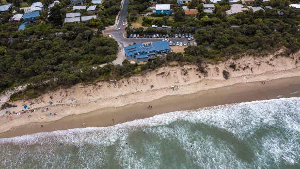 An aerial view of the Inverloch surf beach, one of Victoria's major sand dune erosion trouble spots.