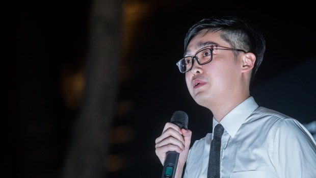 Andy Chan, a pro-independence political activist, speaks earlier this month during a demonstration in Hong  Kong.