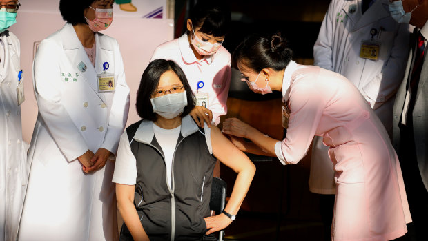 Tsai Ing-wen, Taiwan’s president, receives a dose of the vaccine developed by Medigen in Taipei.