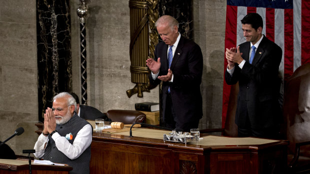 Narendra Modi, India’s prime minister, left, gestures after speaking to a joint meeting of Congress with former US House Speaker Paul Ryan and then Vice President Joe Biden, at the US Capitol in Washington in 2016. 