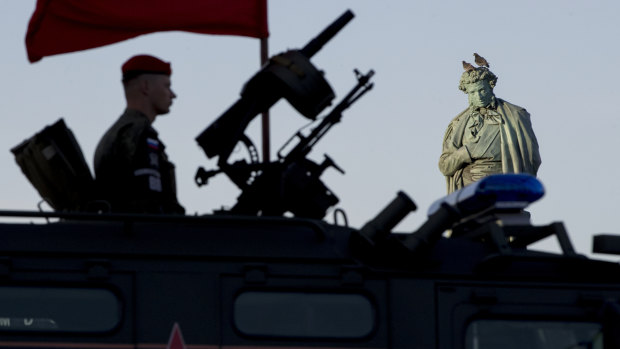 A Russian soldier rehearses for a Victory Day military parade in May.
