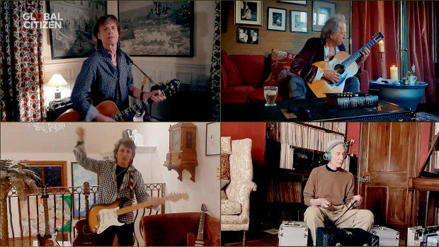 Mick Jagger, Keith Richards, Ronnie Wood and Charlie Watts of musical group "The Rolling Stones" perform during "One World: Together At Home"