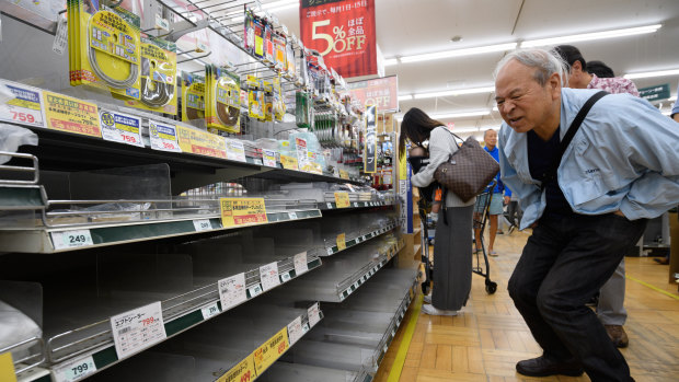 Empty shelves at a hardware store in Kanagawa Prefecture as residents prepare for Typhoon Hagibis. 
