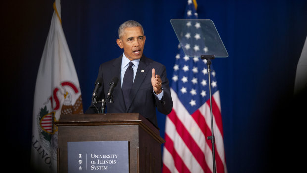 Former president Barack Obama kicked off a campaign blitz against Donald Trump at the University of Illinois in Urbana, on Friday,