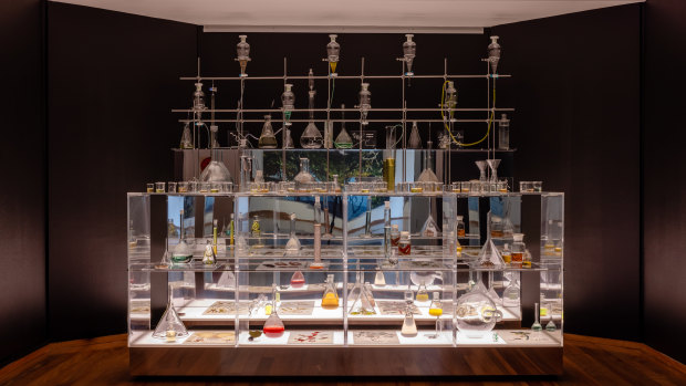 Elixir Lab (2005-21) is one of two installations by artist Janet Laurence at Mosman Art Gallery 
