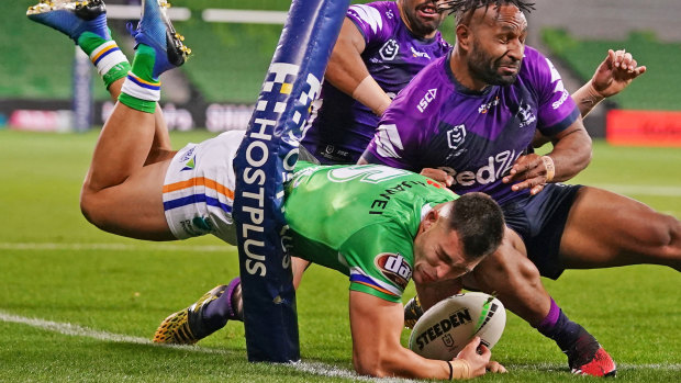 Nick Cotric of the Raiders scores a try during the Round 3 NRL match between the Melbourne Storm and the Canberra Raiders at AAMI Park in Melbourne. 