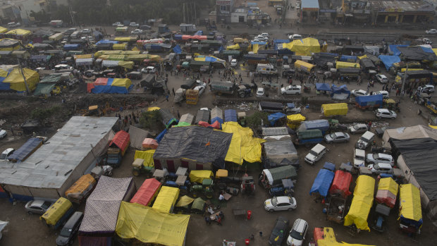 An aerial view of the farmers protest camp on the Singhu border with Delhi, India, on Friday.