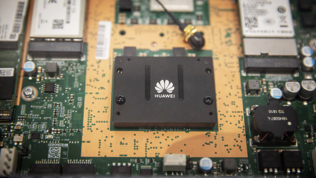 A circuit board sits on display in the exhibition hall at Huawei Technologies.